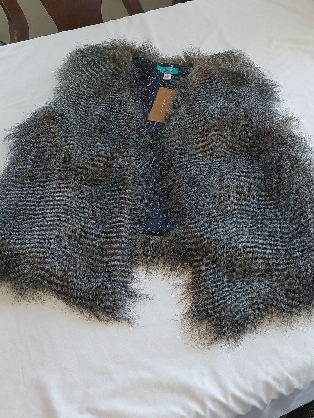 Francescas Buttons Grey Striped Faux Fur Open Front Vest.Size L